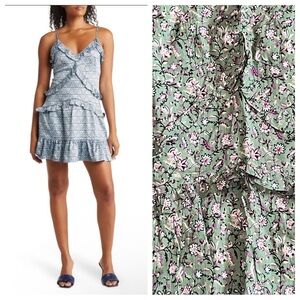 NWT Maisie Lanartine green floral ruffle mini cotton dress straps M
